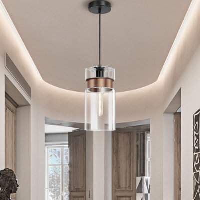 Luminaire suspendu en laiton antique à 1 lumière avec abat-jour cylindrique en verre Skrolan