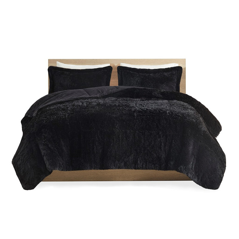 Très grand / très grand édredon en fourrure à poils longs - noir chaud pour la chambre à coucher 2 taies décoratives assorties longues, douces et envoûtantes