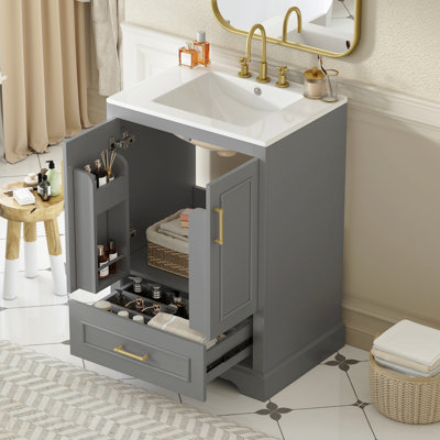 24"Bathroom Vanity With Sink, Mdf Cabinet With Solid Wood Frame, 1 Divided Drawer And 2 Soft Close Doors With Double Shelf On The Door, Freestanding Vanity