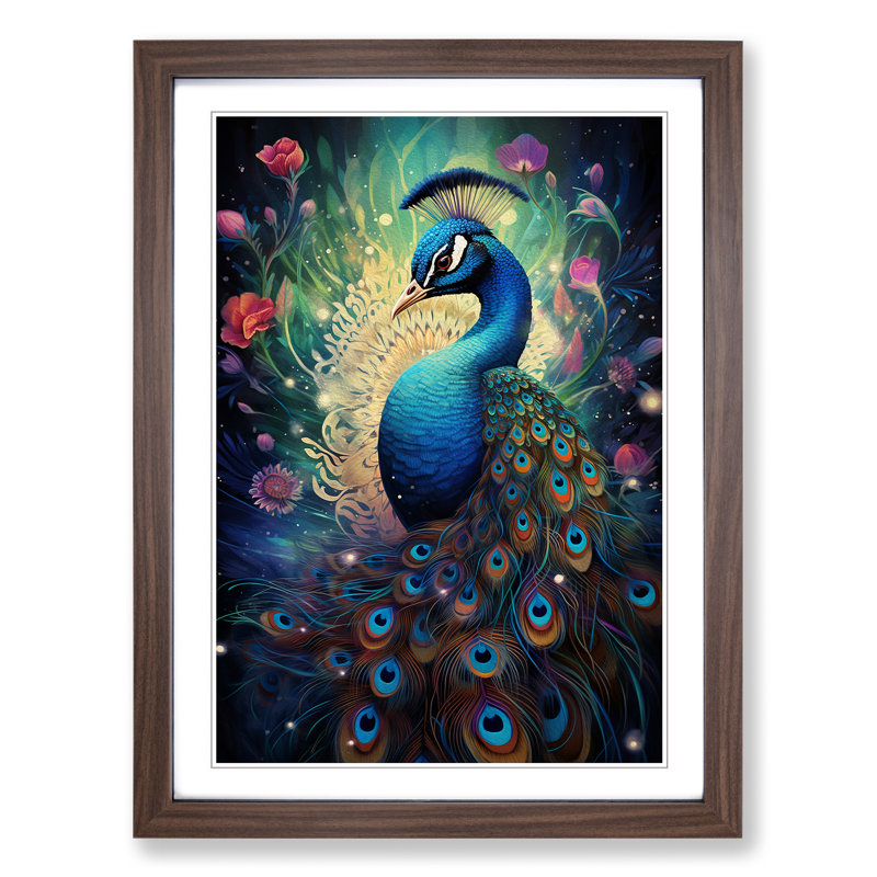 Peacock Conceptual - Single Picture Frame Print on Wood, Walnut Framed, 64cm H x 46cm W x 2cm D