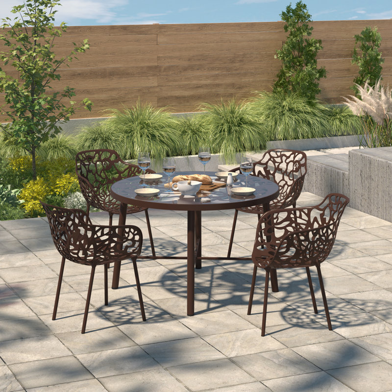 Rabia 5 Piece Outdoor Dining Set Round Glass Dining Table and 4 Dining Side Chair in Aluminum, Brown