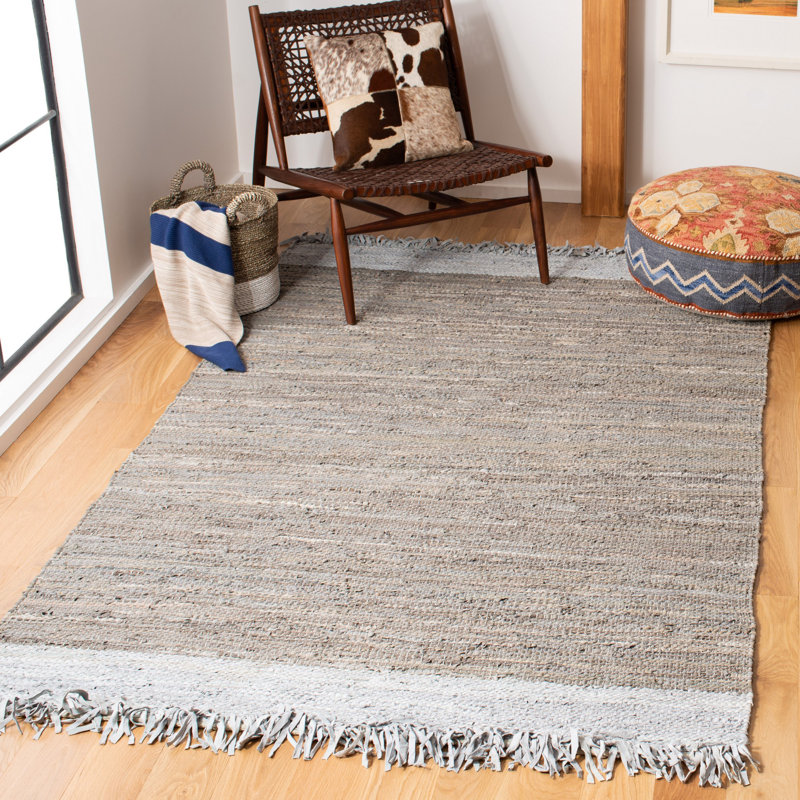 Exley Hand Woven Leather/Cotton Solid Color Rug in Light Gray, Rectangle 6' x 9'
