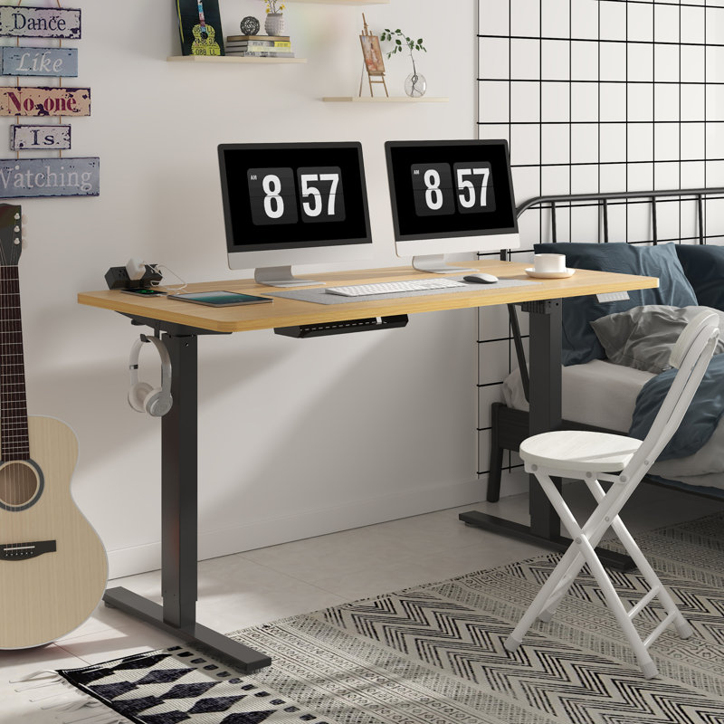 Adjustable Standing Desk, Whole-Piece Desktop, Maple/Black, 55" W x 28" D