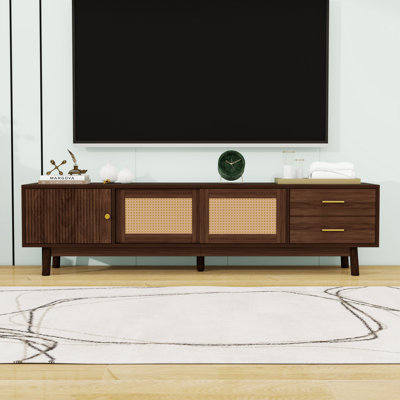 Modern TV Stand with Rattan Sliding Doors, Drawers, Cable Holes and Sturdy Legs