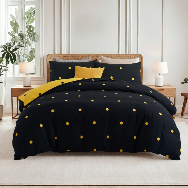 Dual Pattern Reversible Brushed Microfiber Printed Duvet Cover Set With Matching Pillow Covers, Black/Yellow Polka Dots