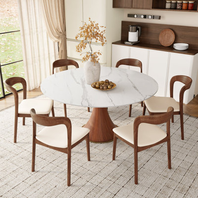 Stone Round Dining Table Set With 2/4/6 Premium Solid Wood Leather Dining Chairs