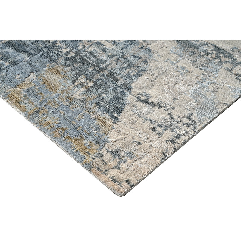 Tapis ivoire et bleu noué à la main de haute qualité, Rectangle de 5 pi x 8 pi