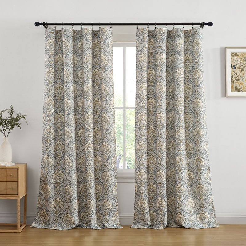 Messina Paisley Damask Patterned Window Back Tab Rod Pocket Curtains Bedroom - Light Blocking Darkening Window Panels, Set of 2