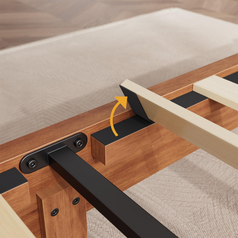 Base de lit plateforme en bois avec tête de lit en V, support en lattes de bois, sommier anti-bruit, King
