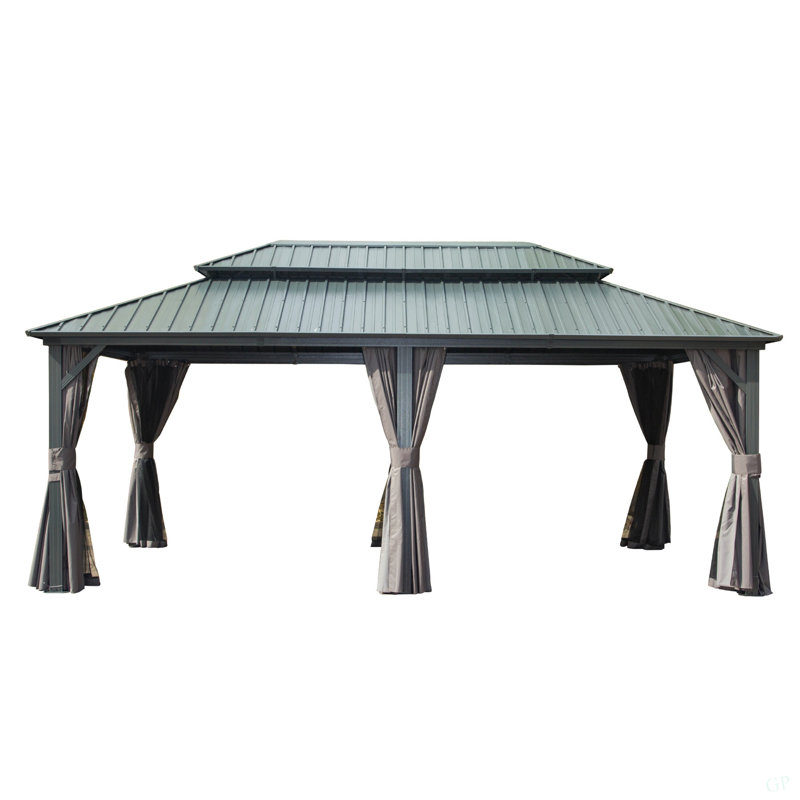 12' X 20' Hardtop Gazebo, Aluminum Metal Gazebo With Galvanized Steel Double Roof Canopy, Curtain And Netting, Permanent Gazebo Pavilion For Patio, Backyard, Deck, Lawn