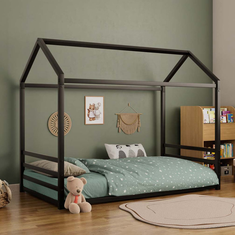 Montessori Style Metal Floor Bed Frame, House Shaped Bed with Guardrails, No Slats, Black, Full