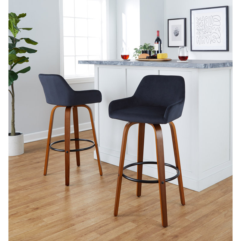 Cassiopeia Fixed-Height Fabric Upholstered Bar & Counter Stool with Bent Wood Legs, Bar Stool (30" Seat Height), Walnut