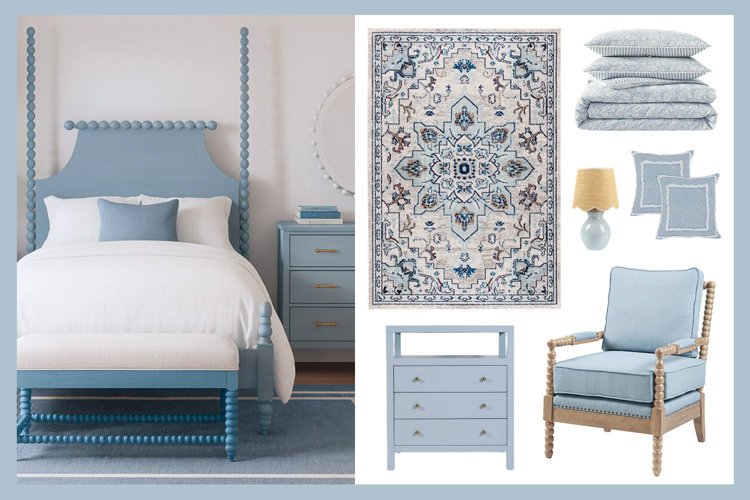 moodboard of French blue furniture and decor, including an area rug, accent chair, nightstand, bedding, pillows, and table lamp