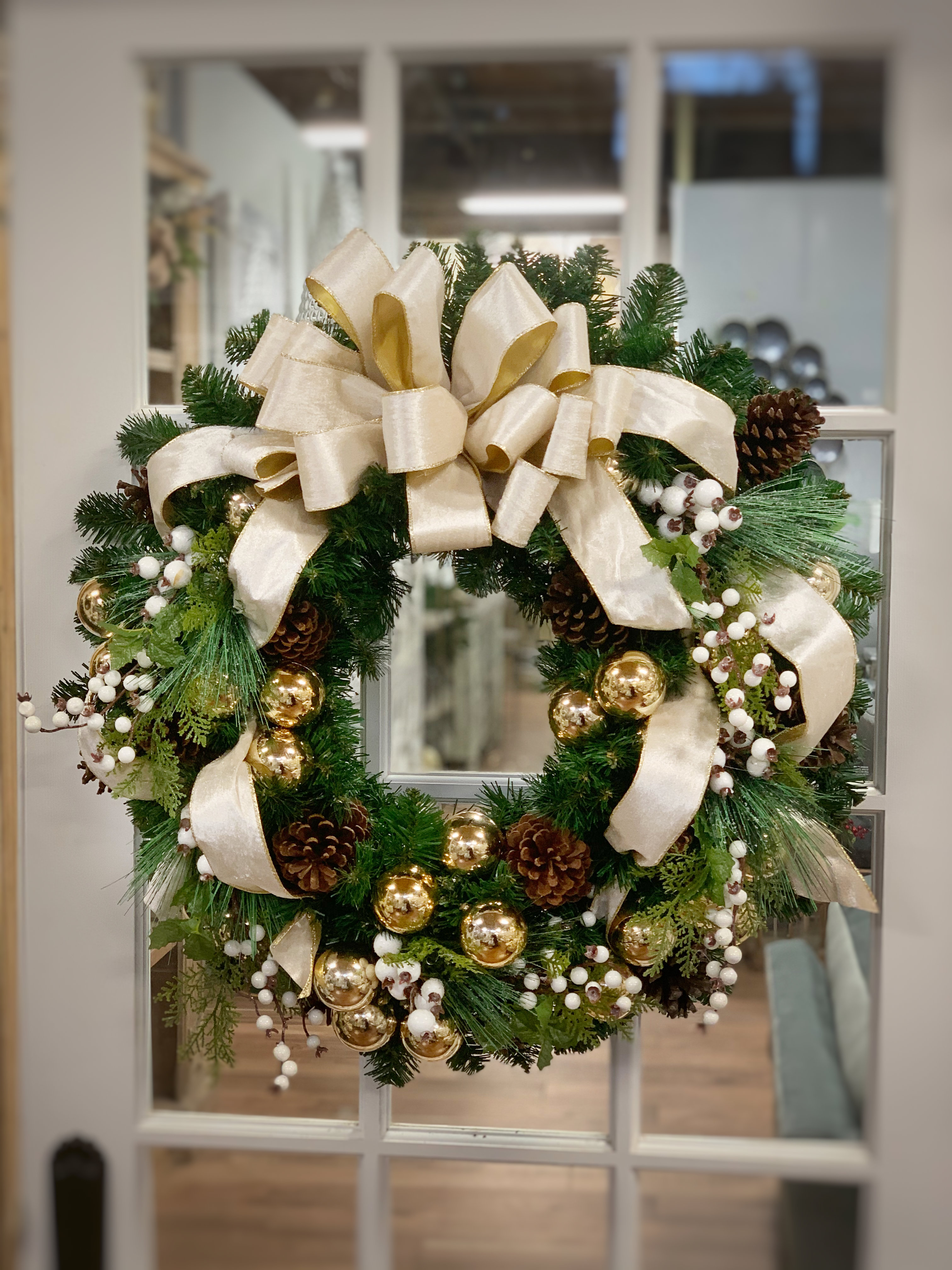 The Holiday Aisle® Jolett Cream Ribbon Wreath with Ornaments