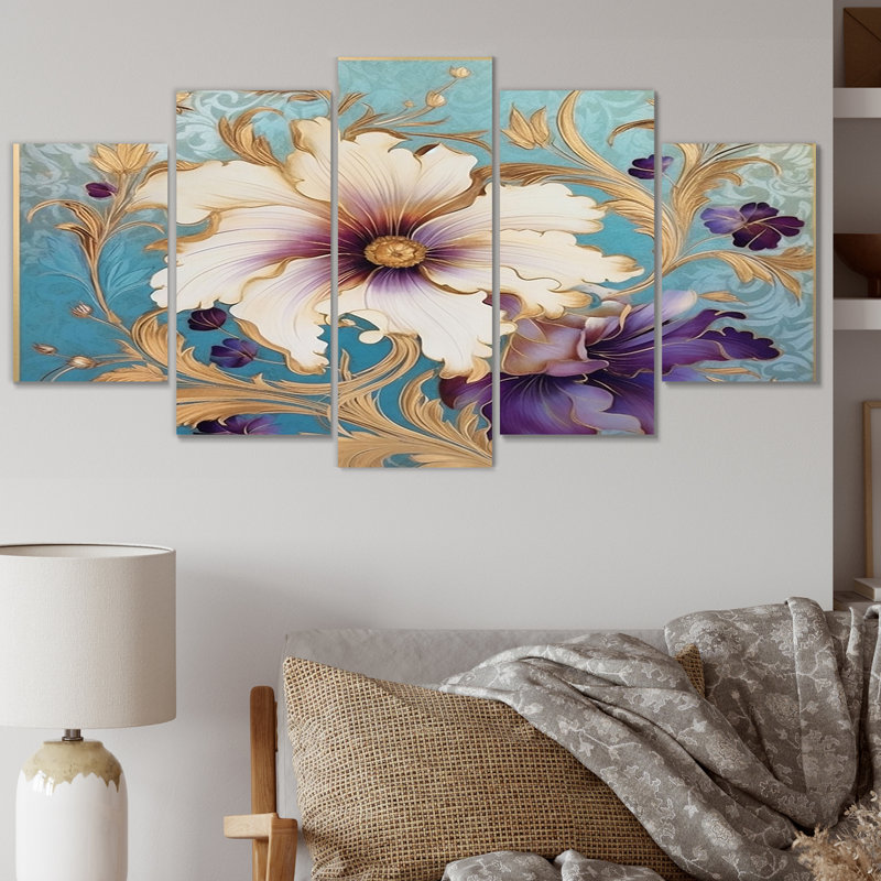 Brayley - collage rétro en fleurs de chrysanthème blanc I - impression sur toile fleurs sauvages - 5 panneaux