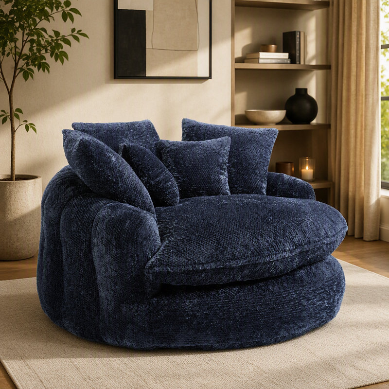 Fauteuil de 55 po en mousse de polyester, chaise ronde surdimensionnée avec coussins, Bleu