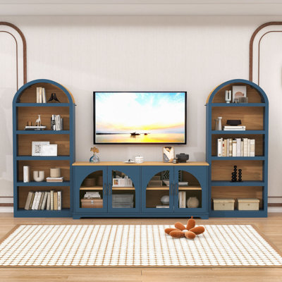 3-Piece TV Stand Set with Arched Tempered Glass Doors, Open Bookshelves and Adjustable Shelves