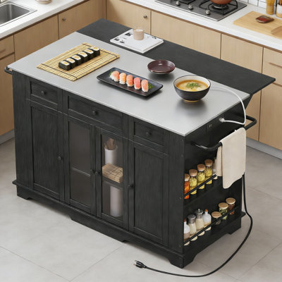 Îlot de cuisine mobile avec abattant et plateau en acier inoxydable, prise de courant intégrée, tablettes réglables, support à épices et porte-serviettes pour un espace de rangement et de préparation supplémentaire