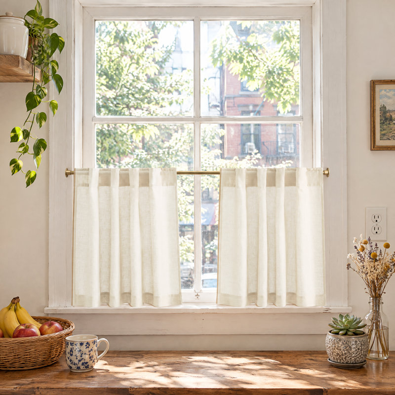 Natural Linen Back Tab Curtains for Kitchen Over Sink, Rod Pocket Short Drapes Light Filtering Sheer Farmhouse Window Valances Covering for Bedroom, 2 Panels.