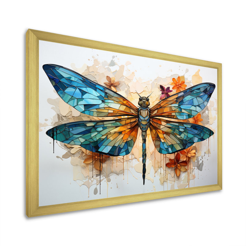 «Teal Dragonfly Ethereal Flight Geometric I - Libellule», art mural, H 24 po x l 32 po x P 1 po, Cadre doré simple