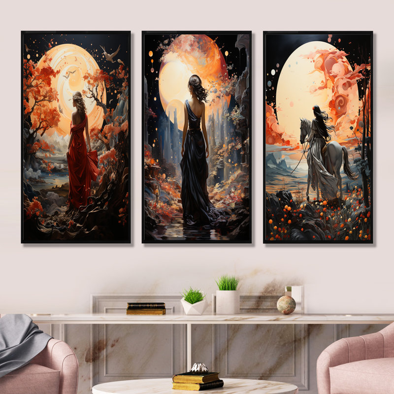 «Timeless Princess Myth Fantasy I», ensemble de 4 impressions sur toile fantaisie, Cadre flottant noir, H 28 po x l 36 po