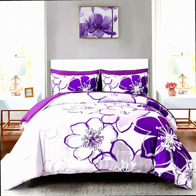 Lavender Blossom 7-Piece Comforter Set - Floral Pattern Bedding in a Bag - Quilted All Season Soft Down Alternative - Complete Bed Set