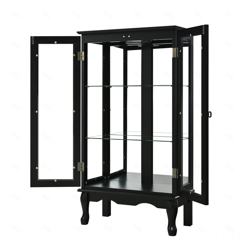 Armoire vitrée avec tablettes réglables et panneau arrière en miroir, portes en verre trempé, Black