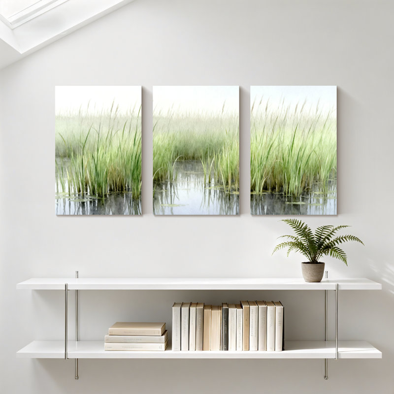 Hiver, forêt, roseaux, reflet de l'eau, scène naturelle, ensemble de 3 impressions sur toile, H 24 po x l 48 po