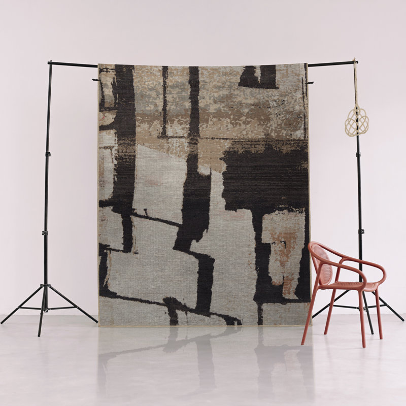 Tapis décoratif moderne à motif abstrait noir et beige, Rectangle 3 pi 9,81 po x 4 pi 11,06 po