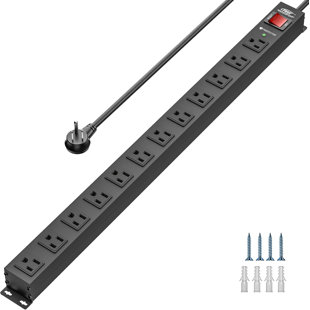 CRST Long Surge Protector Power Strip Mountable 12 Outlets with Flat Plug 15ft Long Extension Cord 2100J Metal Heavy Duty Industrial Power Bar