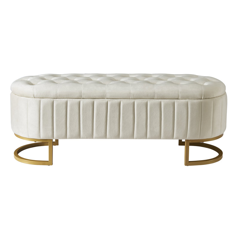 Elegant Velvet Storage Ottoman with Button-Tufted Design, Upholstered Bench with Metal Legs for Bedroom and Living Room