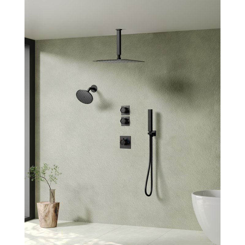  Thermostatic Dual Showerheads System, Ceiling Mount 12" High-Pressure Rainfall Shower Faucet with Handheld Spray