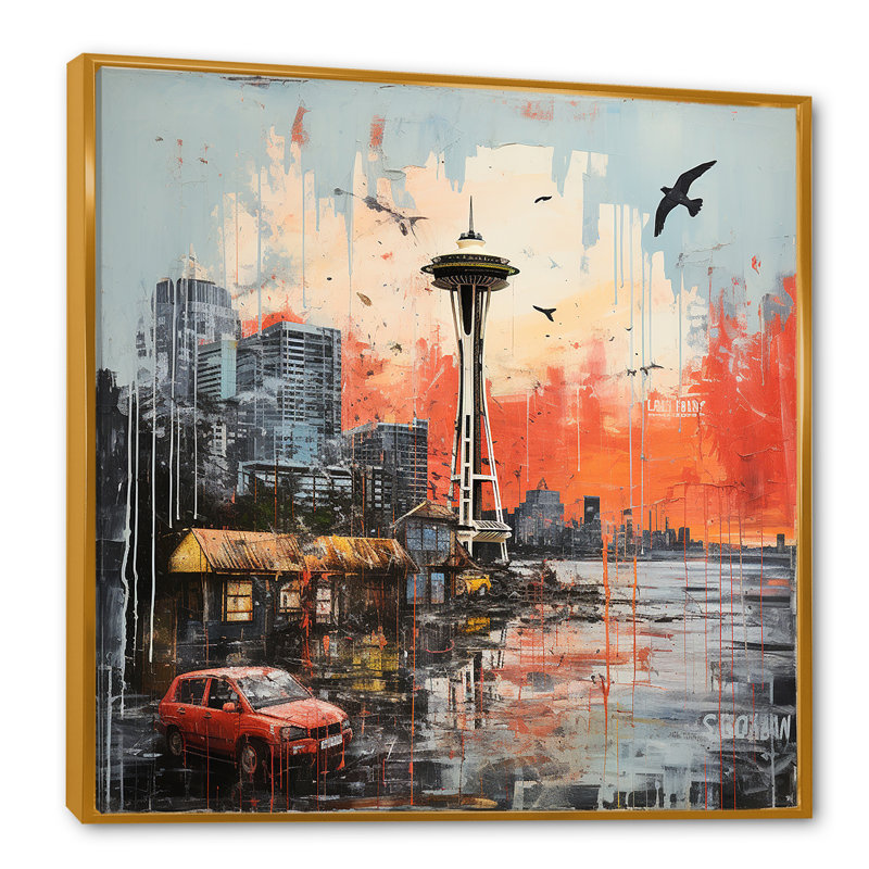 Seattle Pop Art Landscape - art mural Seattle, Cadre flottant doré, H 16 po x l 16 po x P 1 po