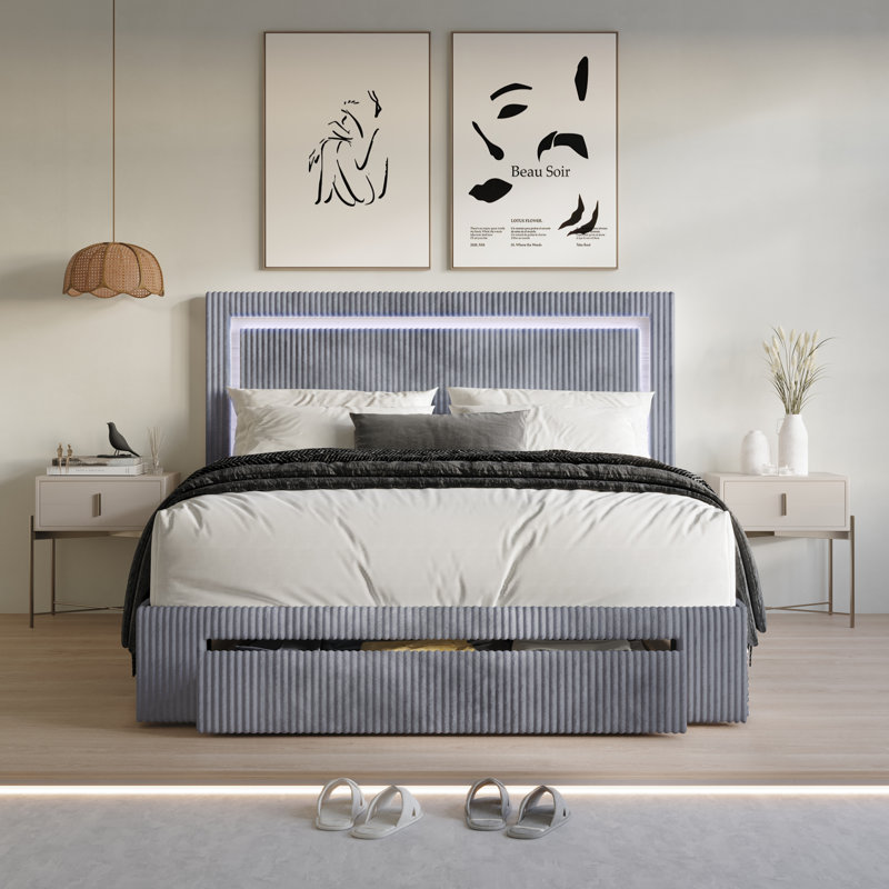 Lit plateforme tapissier avec rangement Gouker, Gris, Grand