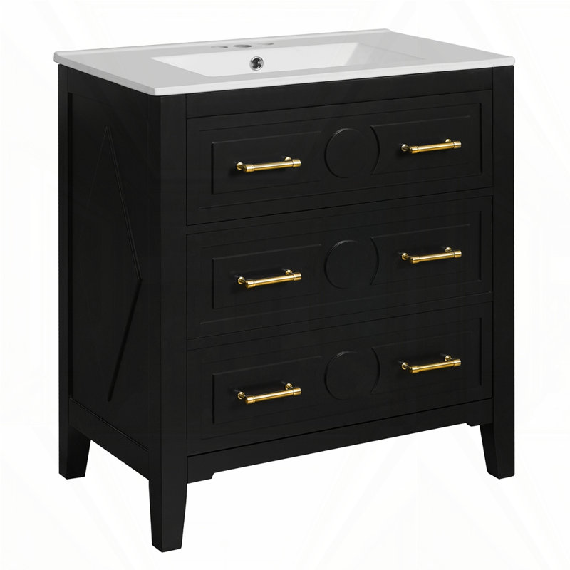 Ensemble de meuble-lavabo de 30 po avec lavabo en céramique pour la salle de bain, Noir