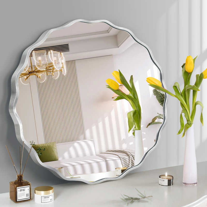 Miroir mural rond en alliage d'aluminium ondulé avec cadre en métal, miroir décoratif moderne pour le salon, la chambre à coucher ou le vestibule