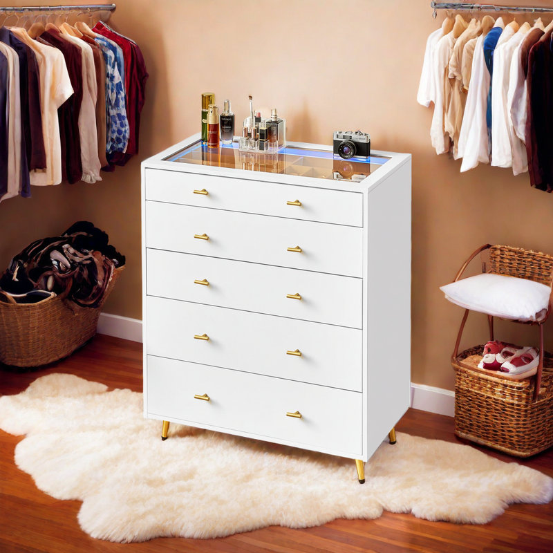 Commode blanche à 5 tiroirs avec éclairage à DEL et plateau en verre trempé, commode haute pour rangement de chambre à coucher ou d'îlot de garde-robe avec rangement pour bijoux