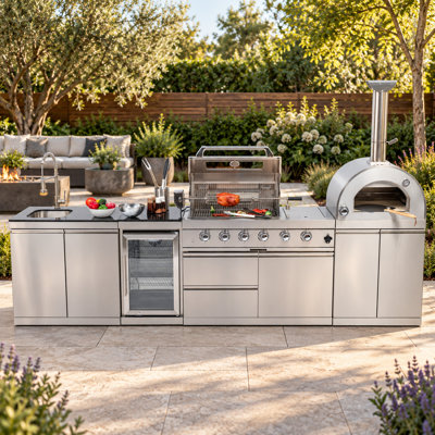 Îlot de barbecue au propane de 125 po à 4 brûleurs avec brûleur latéral, rôtissoire, four à pizza et réfrigérateur et évier pour l'extérieur