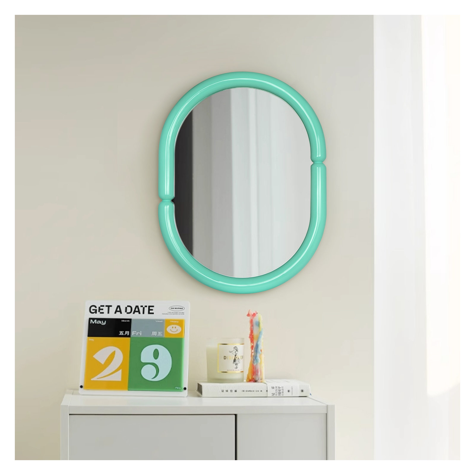 Lorinda Solid Wood Oval Wall Mirror, Blue