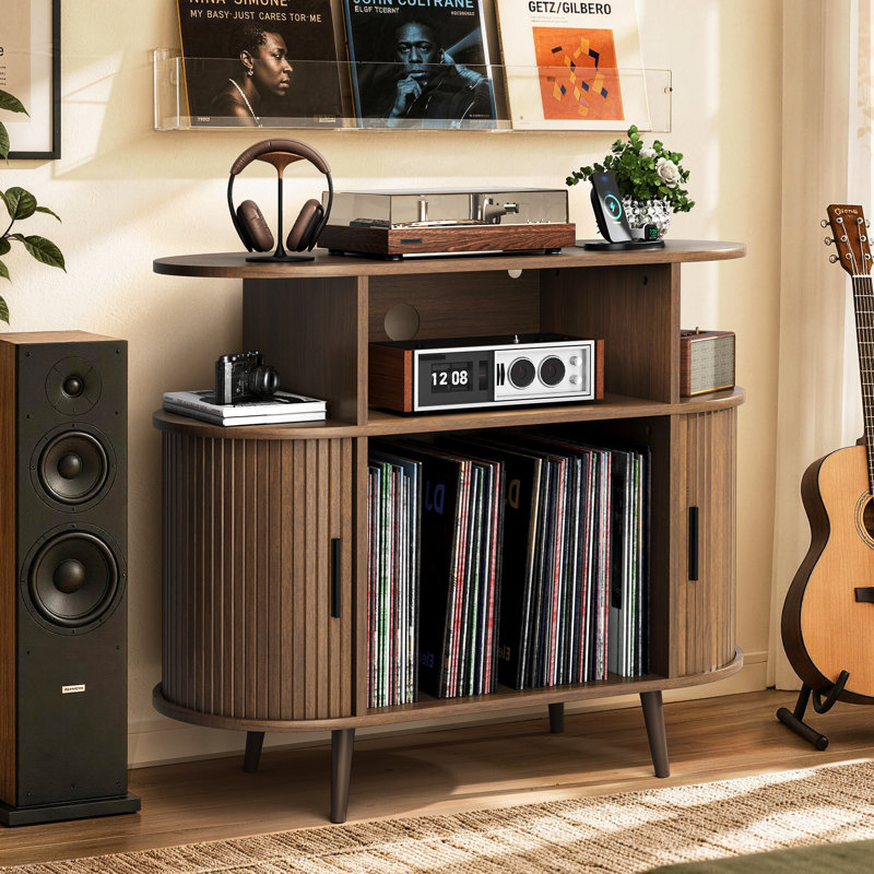 Record Player Stand,Vinyl Record Storage with Power Outlet,Vinyl Holder with 3CD Rack,Walnut