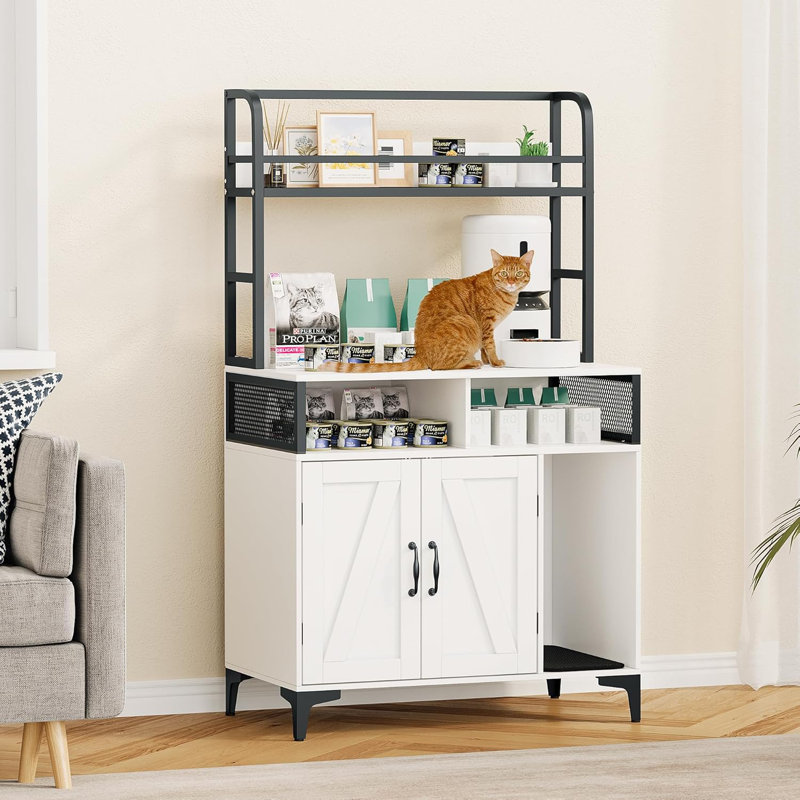 Enceinte de litière pour chat 32 pouces avec tablette de rangement, blanc avec coussin, Blanc