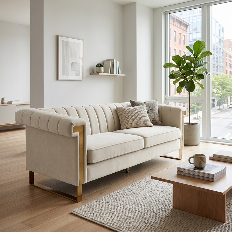Canapé en velours moderne avec détails capitonnés Lennox, Cream White