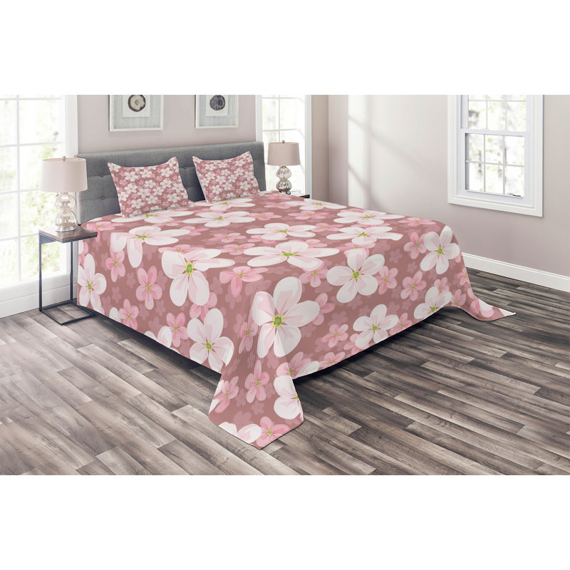 Cherry Blossom Eclectic Polyester Floral Coverlet, King Bedspread + 2 Shams