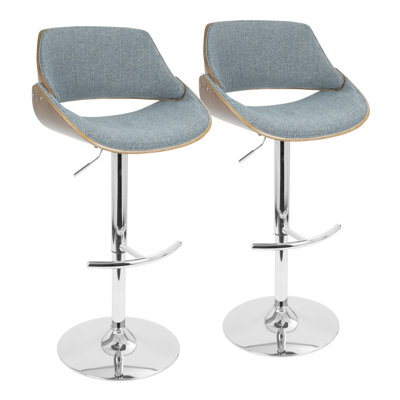 Fabrizzi Mid-Century Modern Adjustable Barstool With Swivel In Walnut And Blue Fabric By Lumisource - Set Of 2