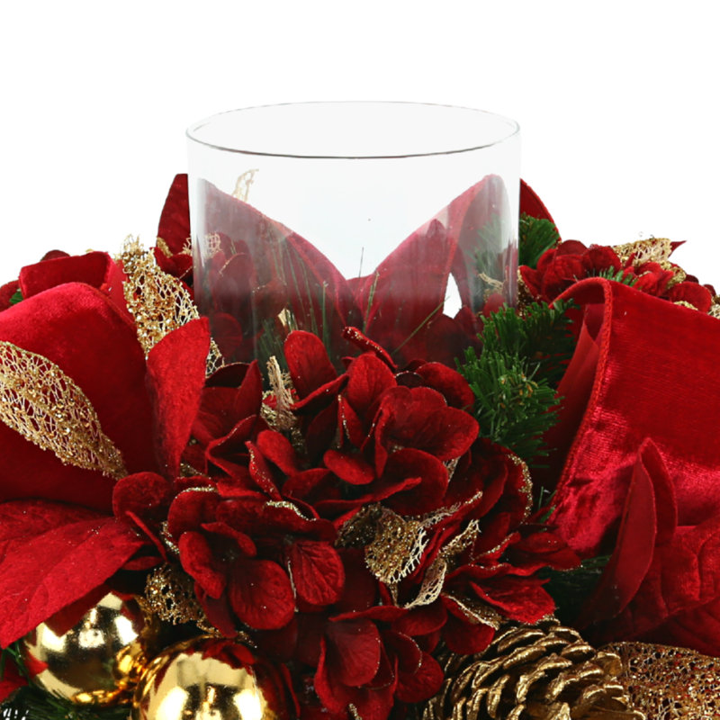 Hydrangea Holiday Candleholder With Ornaments, Pinecones And Bows
