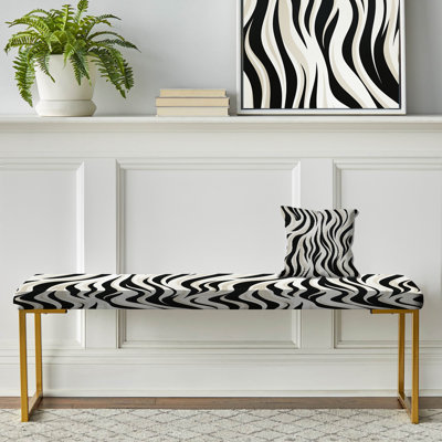 Black Zebra Print Wallpaper - Striped Upholstered Gold Bench