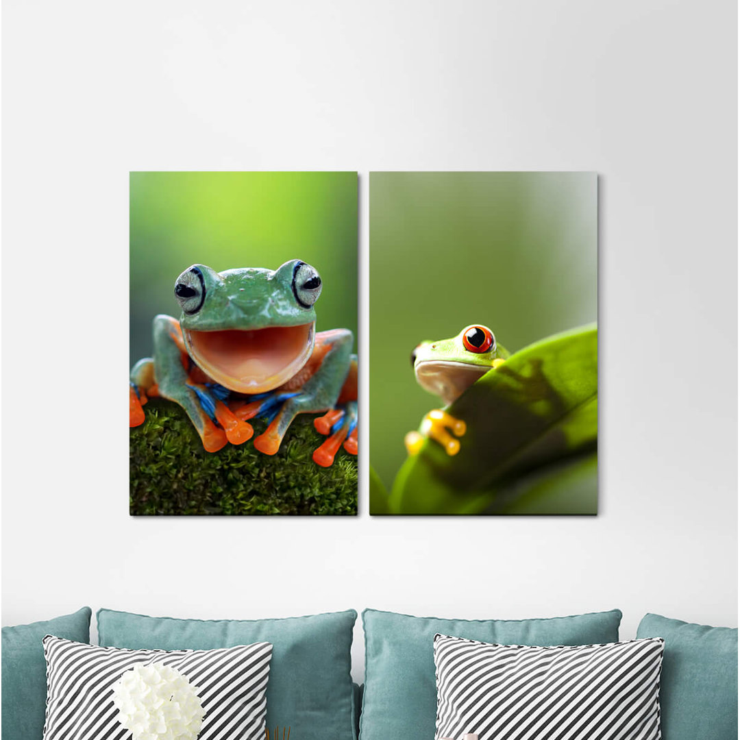 2-tlg. Leinwandbilder-Set - Fotografie „Happy Frog Nature Green Smile Positive Energy Green Leaf Jungle”