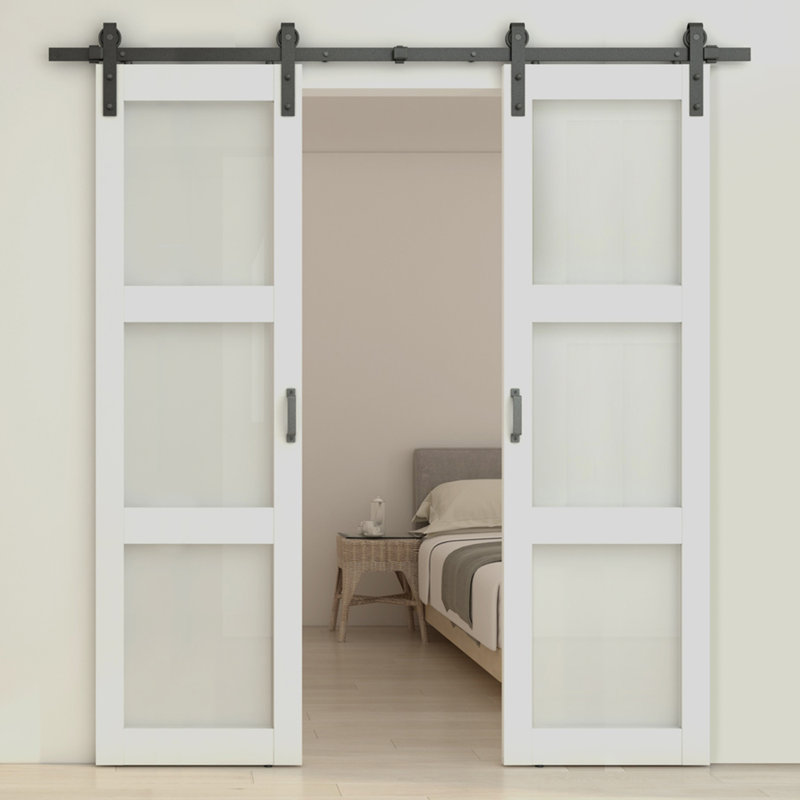 Porte de grange coulissante double en verre trempé givré 3-Lite 42 po. X 84 po. Avec poignée de quincaillerie, 42 po x 84 po
