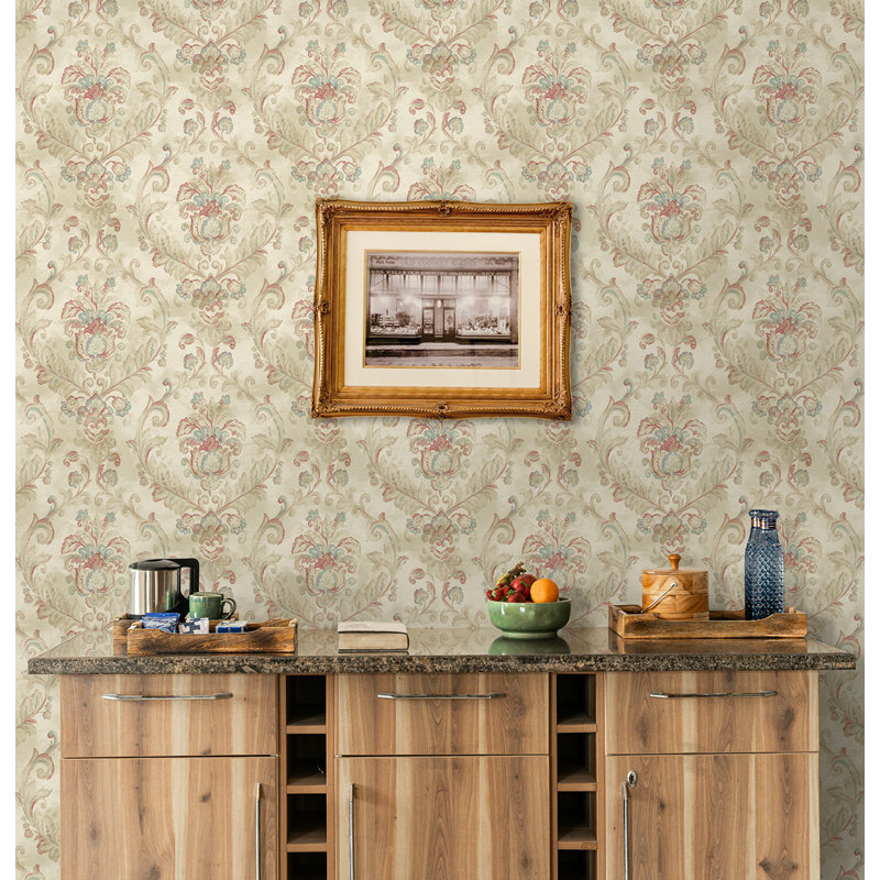 Seabrook Designs Tuileries Damask Unpasted Wallpaper, Metallic Beige/Blue Raspberry