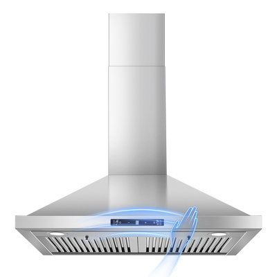 Hotte de cuisine murale de 30 pouces, à conduit / sans conduit avec fonction d'arrêt différé, 680 pi³ / min, ventilateur à 3 vitesses, lumières à DEL écoénergétiques, contrôle doux du geste / geste, filtres à graisse en acier inoxydable